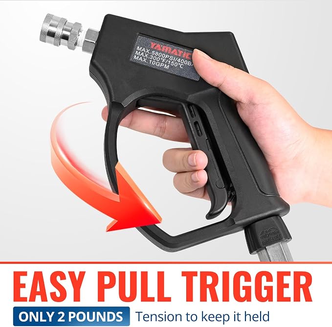 YAMATIC Stainless Steel Short Pressure Washer Gun 5800 PSI with Swivel 3/8" Plug, Easy Pull Trigger High Power Washer Handle with 1/4" Quick Connect for Foam Cannon Gun Car Wash