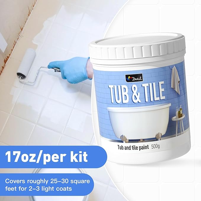 DWIL Tub and Tile Paint 16.5 oz, Tub Paint for Bathtub, Tile Refinishing with Hardener, Water Based, Low Odor, Semi-Gloss White, 25-30sq.ft
