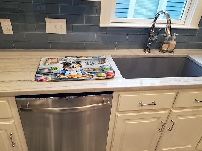 Caroline's Treasures DAC6193DDM Australian Shepherd The Chef Dish Drying Mat Absorbent Dish Drying Mat Pad for Kitchen Counter Dish Drainer Mat for Countertop, 14 x 21", Multicolor
