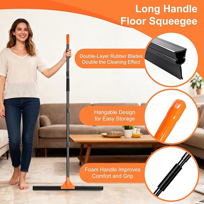 Heavy Duty Floor Squeegee with Long Handle, 18" Rubber Wiper Broom for Concrete Tile Cleaning Commercial Scrubber Mop for Garage Deck Bathroom Kitchen Pool