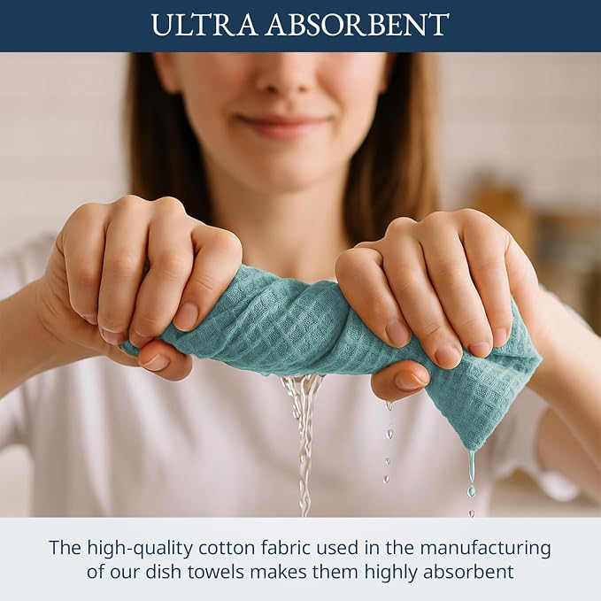 LANE LINEN Cotton Kitchen Towels and Dish Cloths Set, 6-Pack – Absorbent, Quick-Drying Dish Towel, 18" x 28", Soft, Premium Hand and Tea Towels - Aqua