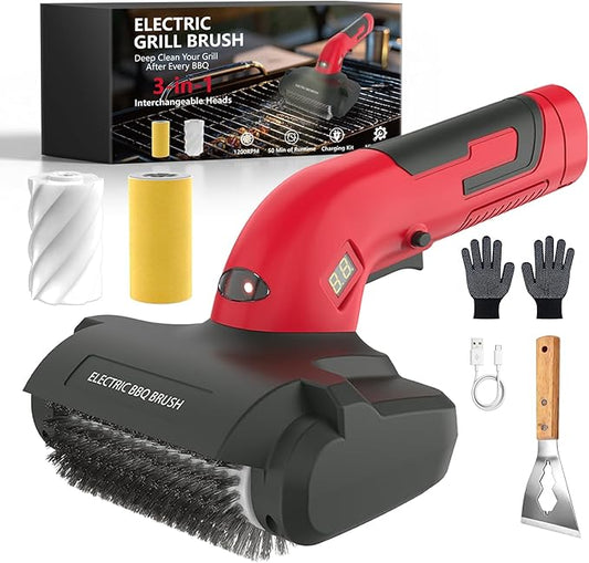 Electric Grill Brush for Outdoor, Upgraded BBQ Grill Cleaner with 3 Heads, 1200 RPM Speed, 304 Stainless Steel Bristle, Cordless & Type-C Rechargeable Grill Cleaning Tool