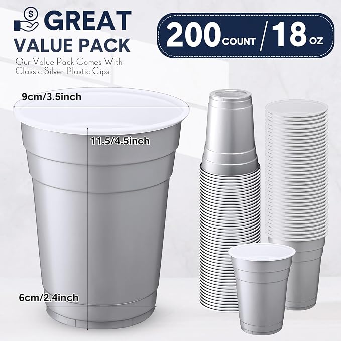 Dandat 200 Pcs 18 oz Plastic Disposable Cups Bulk Heavy Duty Large Cold/Hot Drinking Cups Disposable Container for Beverages Water Wedding Birthday Graduation Ceremonies Party BBQ Picnics, Silver