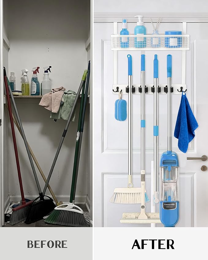 Lorbro Over the Door Broom Holder with Cleaning Supply Organizer, Wooden Mop and Broom Holder Wall Mount, 4 Grips, 4 Hooks, No-Drill Storage Rack, Mop Hanger for Laundry Room, Garage, Storage