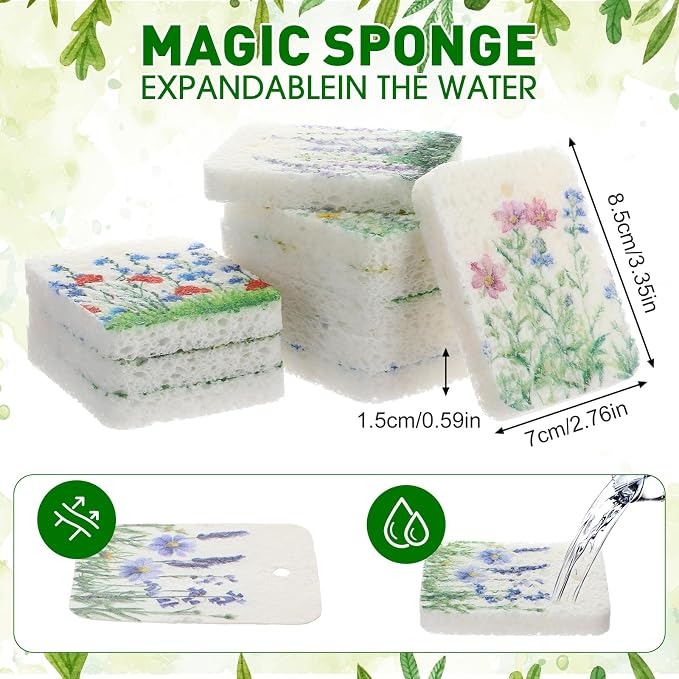 Maxdot 50 Counts Compressed Cellulose Sponges Bulk Flower Plant Style Natural Kitchen Compostable Non Scratch Dish Sponges for Washing Dishes, Cleaning Countertop Sink, Kids DIY