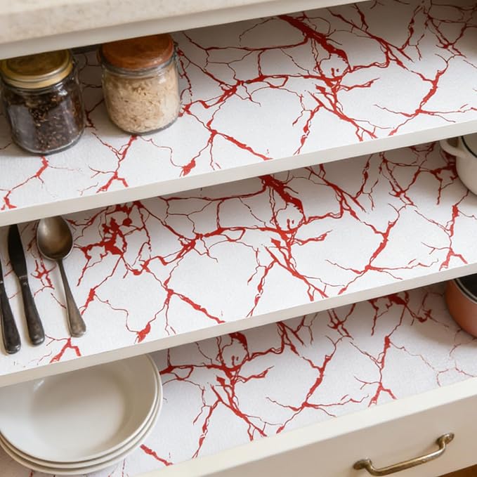 Red Marble Pattern Shelf Liner, Non-Adhesive Non-Slip Thickened Drawer Liner, Easy to Clean Contact Paper for Kitchen Cabinets, Tool Box, Refrigerator, Includes Knife & Tape Measure.12×236.22inch