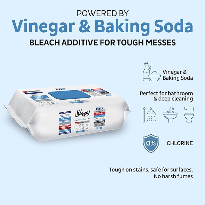 Sleepy Easy Clean XL Heavy Duty Cleaning Wipes (100 Count) – Chlorine-Free Bleach & Vinegar Formula – Large 8"x8" Multi Surface Scrubbing Wipes for Bathroom, Grout, Tile, Glass, Carpet Spots & Stain