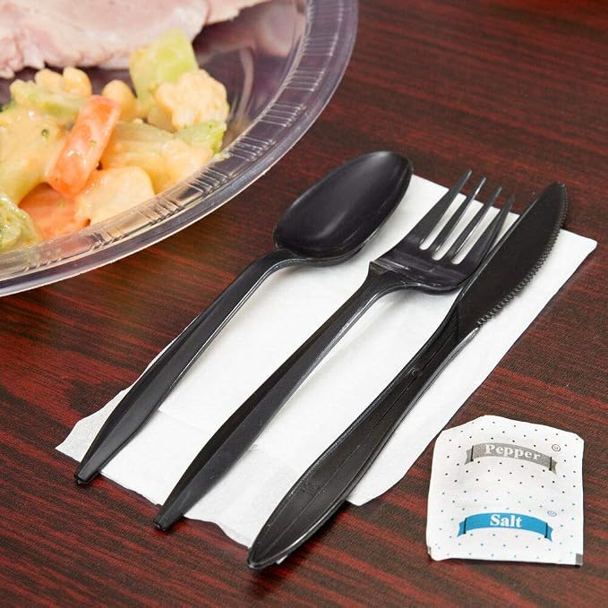 450 Plastic Cutlery Packets - Knife Fork Spoon Napkin Salt Pepper Sets | Black Silverware Sets Individually Wrapped Cutlery Kits, Bulk Plastic Utensil Cutlery Set Disposable To Go Silverware