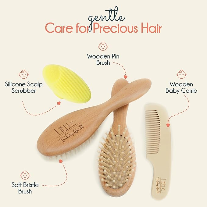 Baby Hair Brush and Comb Set for Newborn Wooden 4 Piece Soft Goat Hair Bristles, and Comb Set for Newborn Girl Boy and Toddler Soft Cradle Cap New Born Infant Hair Brushes Perfect Baby Registry Gift