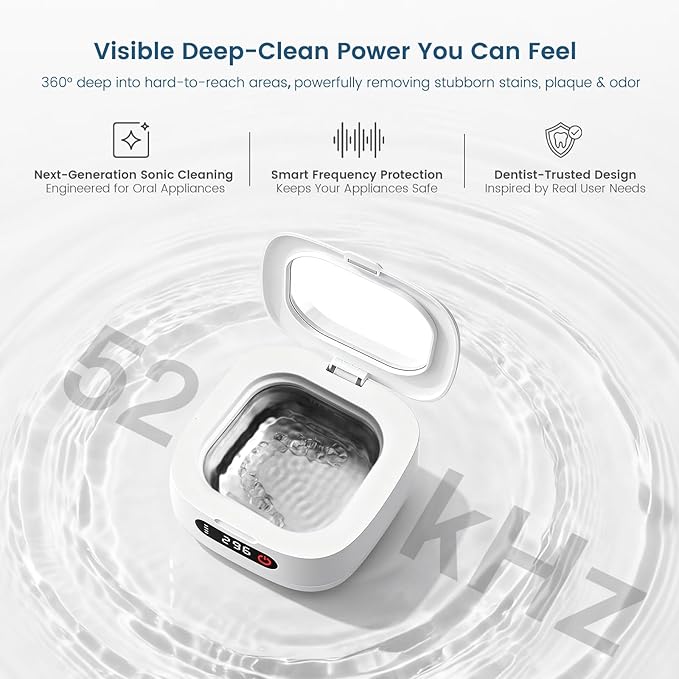 Viora 52kHz Cordless Ultrasonic Retainer Cleaner: USB-C Rechargeable Travel Retainer Cleaner for Denture, Invisalign, Mouthguard, Nightguard, UV Denture Cleaner with Mirror+Retainer Cleaning Tablets