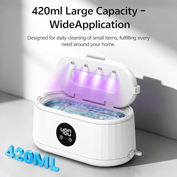 Ultrasonic Jewelry Cleaner, 50kHz Ultrasonic Cleaner Machine for Jewelry, Eyeglasses, Rings, Watch Straps, Toothbrush Heads, Dentures, Retainers, 5 Timers Cleaning Mode, 420ml 304 Stainless Steel Tank