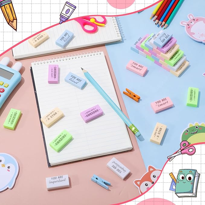 Resurhang 180 Pcs Erasers Bulk for Kids Inspirational Pencil Erasers Bulk for Drawing Motivational Big Eraser School Supplies for Classrooms Back to School Office (Motivational,Macaron)