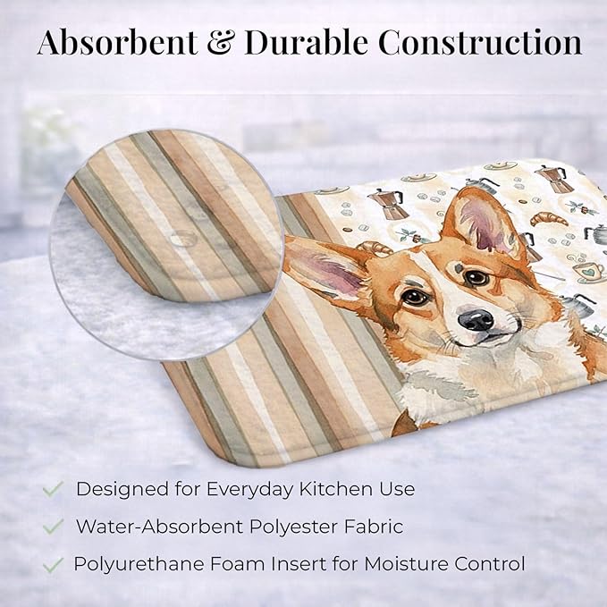 Caroline's Treasures Corgi Coffee Bar Dish Drying Mat Absorbent Dish Drying Mat Pad for Kitchen Counter Dish Drainer Mat for Countertop, 14 x 21", Multicolor