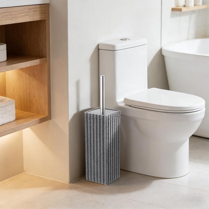 Grey Toilet Bowl Brush and Holder for Bathroom，Resin Toilet Brush and Holder Set with Stainless Steel Handle，Deep Cleaning Modern Toilet Cleaner Brush -Space Saving, Covered Brush