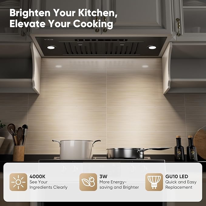 VIKIO HOME Black Built-in/Insert Range Hood 30 Inch, 980 CFM Hood Vent for Kitchen, Ducted/Ductless Convertible Duct, Stainless Steel Kitchen Vent Hood with Gesture & Touch Control, 2 Baffle Filters
