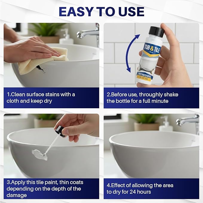 Tub and Tile Paint, 1.9oz High-Gloss White Touch Up Paint for Bathtub, 1-Part Bathtub Paint for Bathroom,Tiles, Sinks and Toilets (No Need Part B)