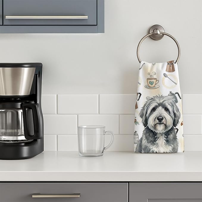 Caroline's Treasures Gray and White Old English Sheepdog Coffee Bar Kitchen Towel Velour Plush Front and Cotton Loop Back Machine Washable