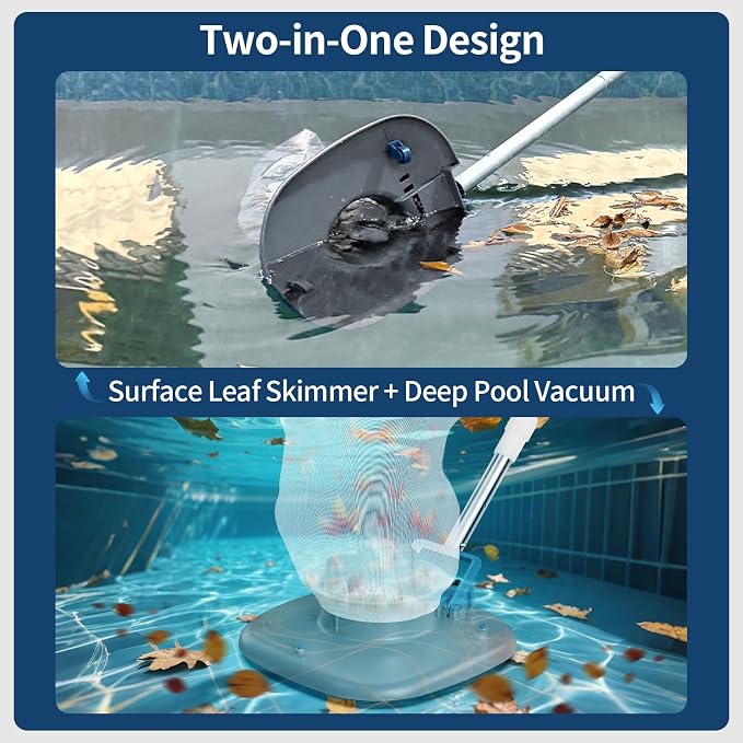 Rechargeable Pool Leaf Vacuum with Telescopic Pole, 83GPM Powerful Suction – Cordless Pool Skimmer for Inground & Above Ground Pools with 6.6Gal Leaf Catcher Bag for Heavy Debris Areas