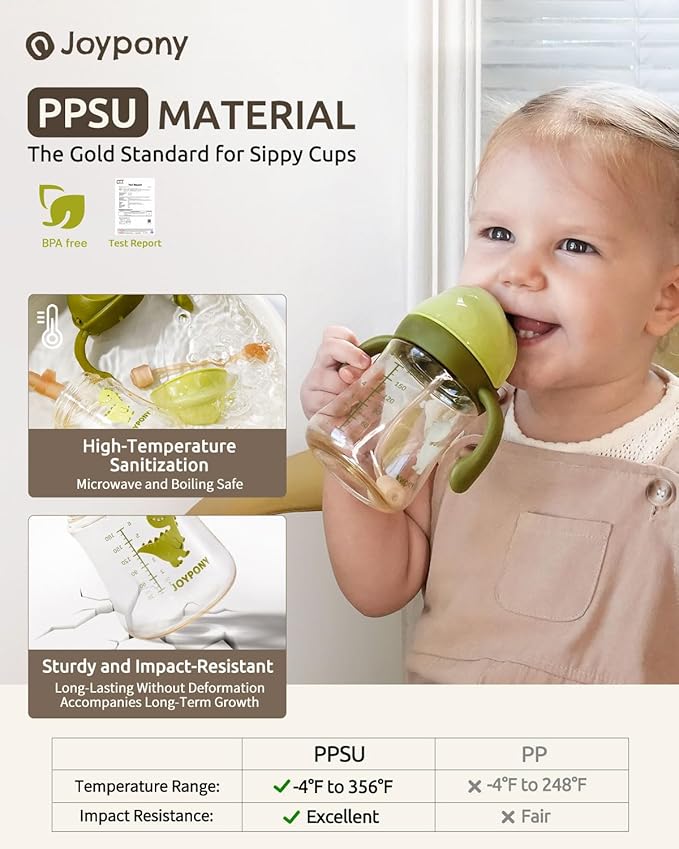 Joypony Baby Sippy Cups 6-12 Months, Spill Proof Weighted Straw Cup with Handle for Toddlers 1-3, 2 Silicone Straws, PPSU, BPA Free, 6 oz (Green)