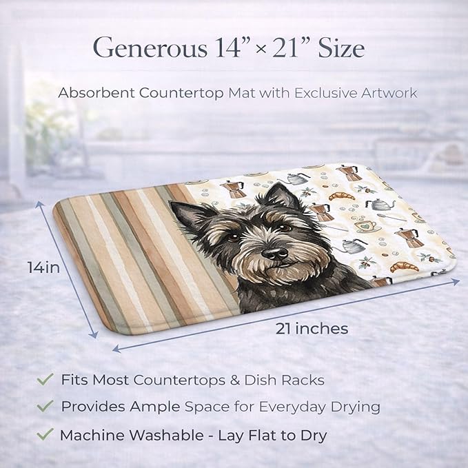 Caroline's Treasures Black Cairn Terrier Coffee Bar Dish Drying Mat Absorbent Dish Drying Mat Pad for Kitchen Counter Dish Drainer Mat for Countertop, 14 x 21", Multicolor