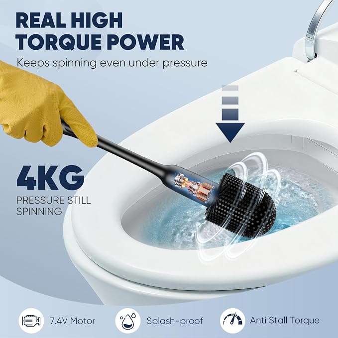 EKZ Electric Toilet Brush with UV Stain Detection, High-Torque Deep Cleaning, Dual-Speed 80/200 RPM, Silicone Brush Head, Wall-Mounted Holder, Type-C Rechargeable, Black
