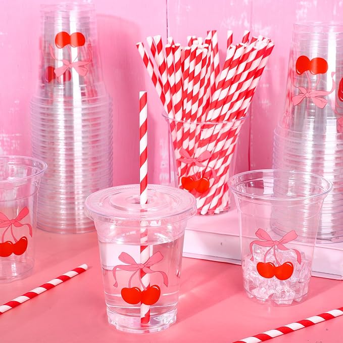Whaline 50Pcs Cherry Bow Disposable Plastic Cups with Lids and Straws 12Oz Red Pink Cherry Bowknot Cold Beverage Drinking Cups for Wedding Birthday Baby Shower Party Supplies