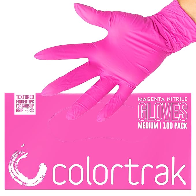 Colortrak Disposable Nitrile Gloves, Magenta, Luminous Collection Latex-Free, Powder-Free Hair Color Gloves for Chemical Processing & Salon Services, 100 Count, Medium