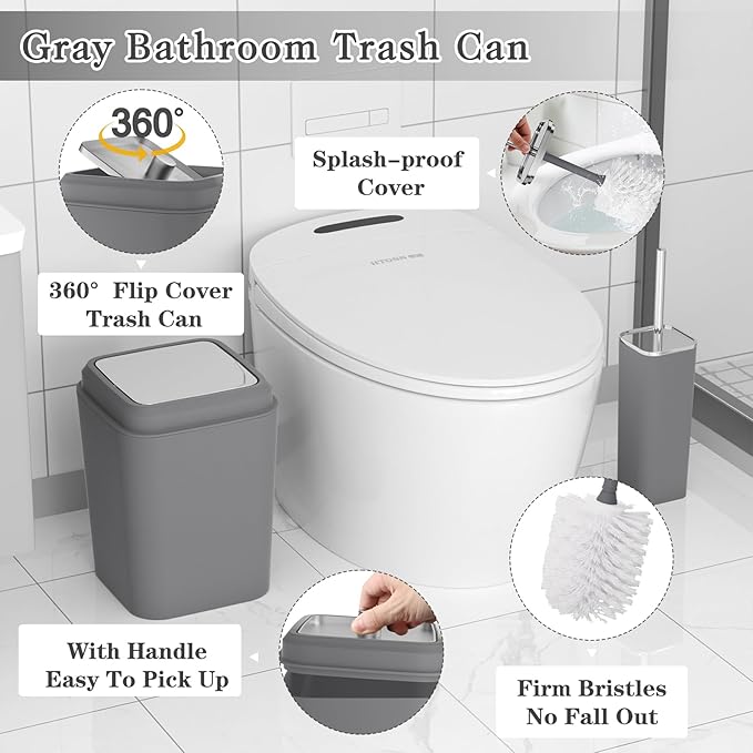 XLHOMO Grey Bathroom Accessories Sets Complete, 9-Piece Bathroom Accessories with Trash Can, Vanity Tray, Soap Dispenser, Soap Dish, Toothbrush Holder, Toothbrush Cup, Toilet Brush and Qtip Holders