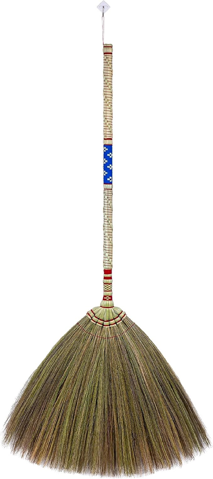 Asian Broom for Cleaning Floor/Handheld Household Broom for Outdoor and Indoor : House Broom - Hardwood Sweeper with Brush Power and Circle Cleaning (Thai Pattern 2, Blue 2)