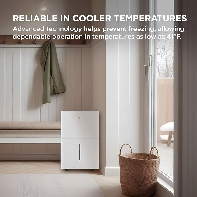 TCL 32-Pint Capacity Quiet, Energy Efficient Portable Dehumidifier, Precise Humidity Control, Bucket or Continuous Drain, Compact Humidity Absorber for Home, Attic, Garage & Rooms up to 3000 Sq Ft