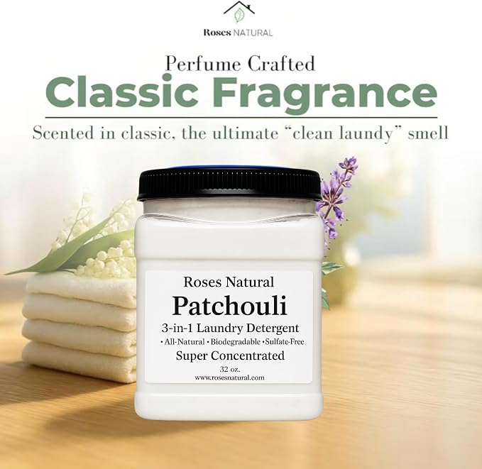 Patchouli 3-in-1 Laundry Detergent Powder, 32 oz, All-Natural Super Concentrated Powder, HE Compatible, Laundry Booster, Sulfate-Free, Made in the USA