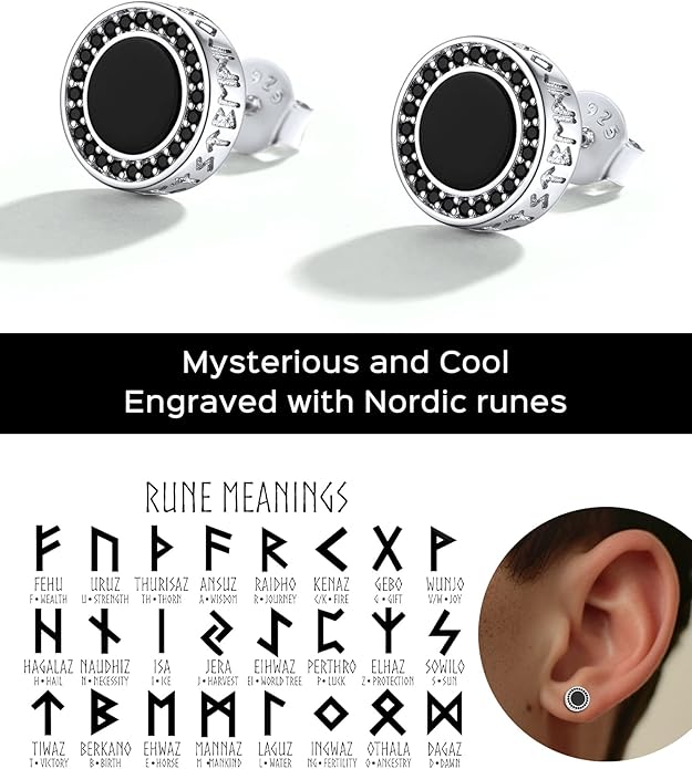 ChicSilver 925 Sterling Silver Viking Rune Natural Black Onyx Stud Earrings For Women Men