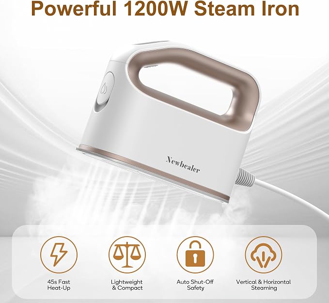 Newbealer Smart Steam Iron 1200W Turbocharged Steam 120V (Gold) | Mini Heat Press, Pro-Grade 3 Steam & 3 Dry Heat Modes, 45s Heat-Up, Auto-Off, Nonstick Ceramic Soleplate, for Home/RV/Hotel