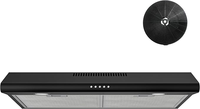 FIREGAS 30 Inch Black Under Cabinet Range Hood, Ducted/Ductless Convertible Kitchen Vent Hood with LED Light, 3-Speed Exhaust Fan, Push Button Control, Slim Stove Hood for Modern Kitchen