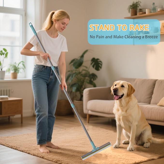 Pet Hair Remover for Carpet, Carpet Rake for Pet Hair Removal with 54" Adjustable Handle, Reusable Dog Hair Remover Broom with Copper Teeth & TPU Brush for Rugs, Couch, Mats and Pet Beds