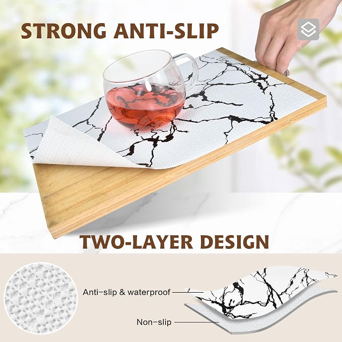 2-Layer Drawer and Shelf Liner for Kitchen Cabinet: 23.6 in X 30 Ft Non Slip Waterproof Shelf Paper Non Adhesive Refrigerator Liners White/Black Marble Easy Liners for Bathroom with Knife Tape Measure