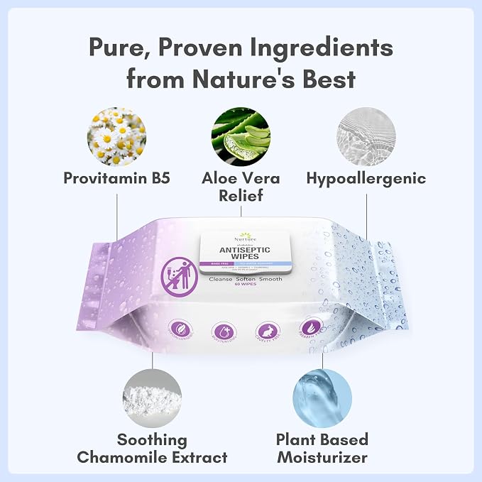 Nurture XL Antibacterial Body & Hand Sanitizing Wipes | Alcohol-Free Antiseptic Wet Towelettes for Germ Removal, Disinfecting Skin, Sanitizing Hands |Cleaning Cloths | Adults & Baby | Thick & Strong