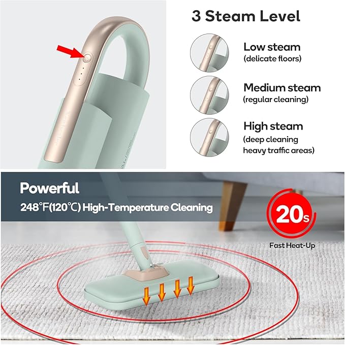 Newbealer Steam Mop & Detachable Handheld Cleaner, 1200W Floor Steamer | 3 Adjustable Levels for Carpet Laminate Hardwood Grout, Carpet Glider, 7 Multi-purpose Accessories & 2 Pads, 250ml Tank