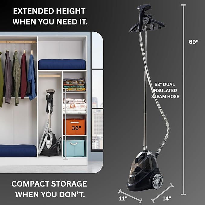 True & Tidy Luxury Upright Commercial Garment Steamer, Smart Auto Shut-Off Technology, 10 Steam Settings w/Wheels, 1800W Powerful Standing Clothes Steamer Fast Wrinkle Removal for Home & Business Use