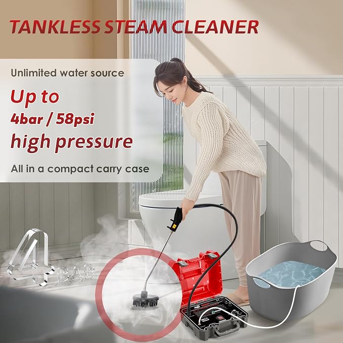 1500W Handheld Steamer for Cleaning, High-Pressure Steam Cleaner, Quick 15s Heat-Up, 212℉ Powerful Steam for Grout, Tile, Home, Auto, Car Detailing, Kitchen, Bathroom Cleaning - 110V, Red
