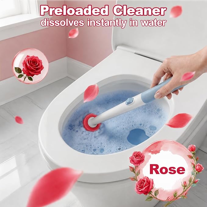 Disposable Toilet Brush with Wall Mounted Holder, 24 Toilet Wand Refills | Hands Free Toilet Brush with One-Button Release, Bathroom Cleaning Set for RV & Small Bathroom, Light Rose Scent