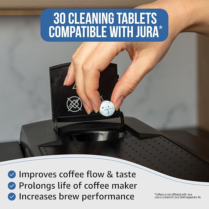 Caffenu Jura Compatible Cleaning Tablets. 30 Tablets Cleaning. Coffee Cleaning Tablets - Cleans Internal Parts, Portafilter, Inaccessible Areas. Use On All Home & Pro Jura Coffee Machines.