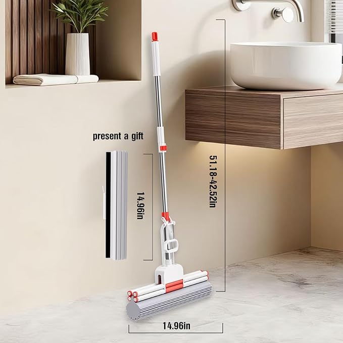 Sponge Mop PVA Mop Thickened Stainless Steel No-Swivel Design for Deep Cleaning Includes 1 Frame and 2 Extra Refill Heads Suitable for Tiles Floors Bathrooms and Home Use 15 Inch