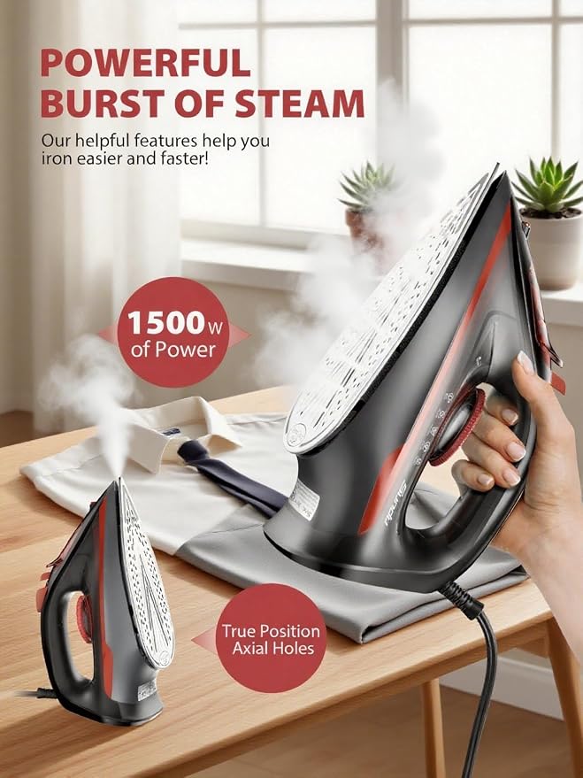 Sundu Steam Iron for Clothes with Rapid Heating Ceramic Coated Soleplate, 1500W with Precise Thermostat Dial, Self-Cleaning, Auto-Off, 15.21oz Water Tank for Home Clothes Ironing Use, Red