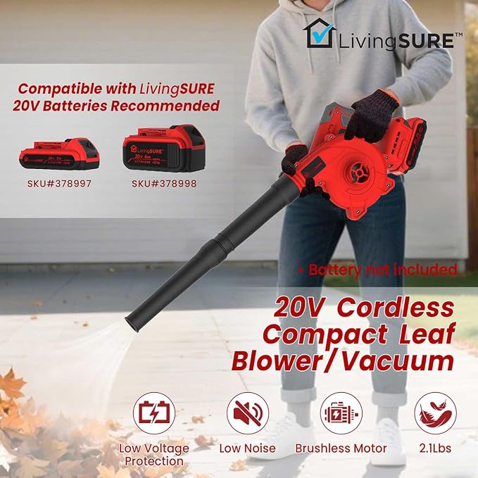 Cordless Compact Leaf Blower Vacuum by LivingSURETM Lightweight Electric Handheld Blower for Lawn and Leaf Care, Patio Cleaning, Dust Cleaner - Battery Not Included