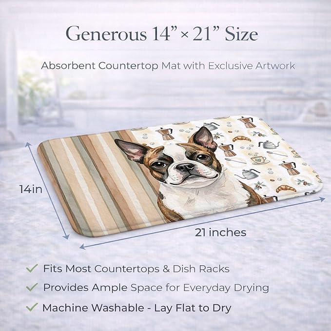 Caroline's Treasures Brindle Boston Terrier Coffee Bar Dish Drying Mat Absorbent Dish Drying Mat Pad for Kitchen Counter Dish Drainer Mat for Countertop, 14 x 21", Multicolor