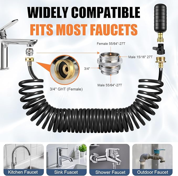 3 Pcs Drain Bladder Kit, Drain Cleaning Bladder Fits 1" to 6" Pipes, with 10 ft Retractable Hose, Shut-Off Valve & Brass Faucet Adapter Fits Most Faucets– For Sinks, Showers, Pools & Drains (Black)