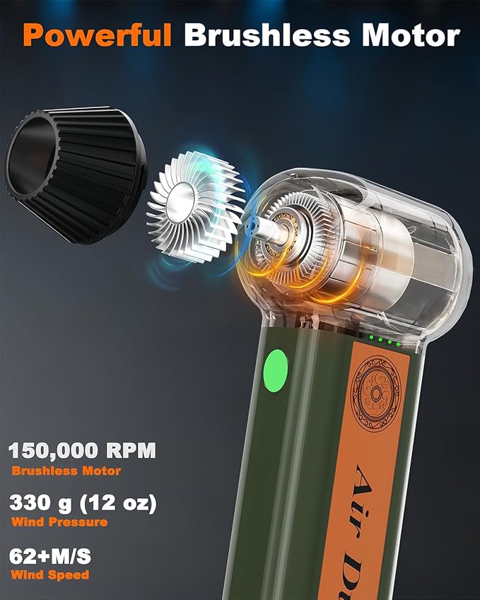 Super Powerful Compressed Air Duster, Rechargeable Duster Blower with LED Light & 4-Gear Adjustable 150KRPM Brushless Motor, Cordless Mini Blowe for Car, Home, Office, Camping (Green)