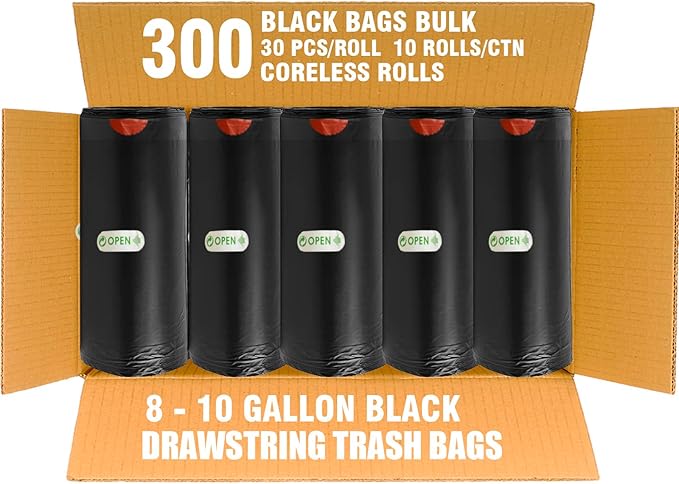 BEIDOU-PAC 8-10 Gallon Trash Bags Drawstring, 300 Count Bulk, Black & Unscented Multi-purpose Garbage Bags for Business Home Bathroom Kitchen Commercial and Industrial