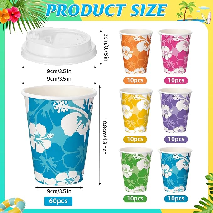 FoldTier 60 Pcs 12 oz Hawaii Hibiscus Paper Cups with Lids Summer Luau Disposable Drinking Cups Tropical Hawaiian Aloha Drinkware Beach Party Drinking Supplies for Cold Beverage Drinks(Summer)
